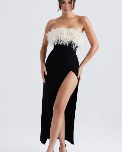 Hashupha Feathers Collar Bandage Dress Black Strapless  Sleeveless Split Elegant Bodycon Celebrity Evening Party Mid Dre