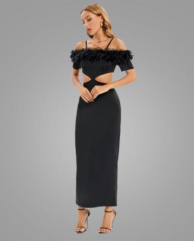 Summer Party Dress Feather Elegant  Black Bandage Dress Feather   Spaghetti  