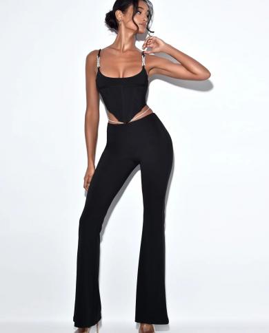 Hashupha  Bandage Jumpsuits Two Pieces Sets  Sleeveless  Tops  Full Flare Pant Celebrity Club Evening Party Lady Outifi