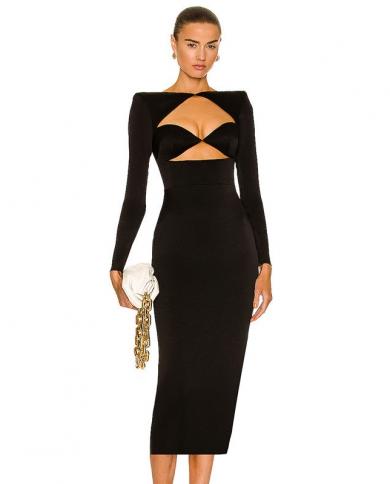 Womens  Long Sleeve Hollow Out Bandage Dress  Split Mid Black Bodycon 2022 Autumn Elegant Club Evening Party Dresses
