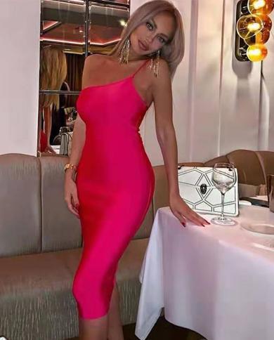 Womens Bandage Dress One Shoulder Midi Bodycon 2022 Summer  Elegant Outfits Black White Rose Red Club Evening Party Dre