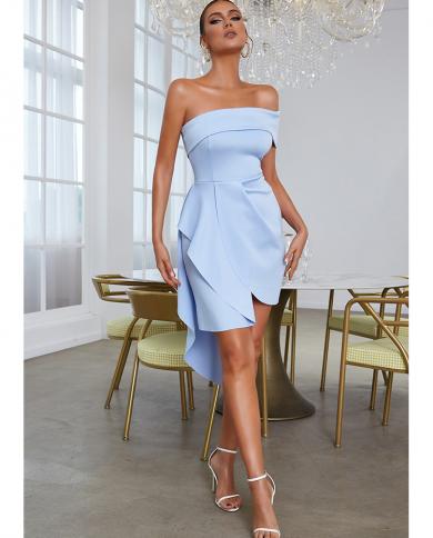 Un hombro drapeado ceñido al cuerpo Mini vestido de verano elegante cielo azul sin mangas vestido sin espalda moda Club celebrid