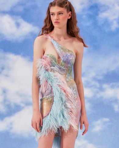 One Shoulder Dress Feathers  Rainbow Sequin Dress Women  Sequins Dress One Shoulder  Dresses  