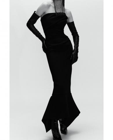  Strapless Ruched Design Long Bodycon Dress Elegant Women Black Sleeveless Folds Slim Maxi Dress Evening Party Club Dres