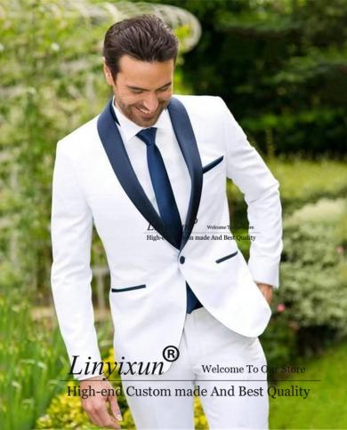 Fashion White Mens Suits Formal Wedding Groom Tuxedos Slim Fit Banquet Blazer Groomsmen 2 Piece Set Jacket Pants Costume