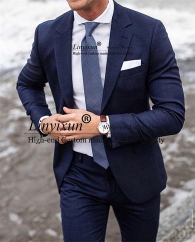 Navy Blue Mens Suit Notched Lapel 2 Piece Set Business Blazer Wedding Groom Tuxedo Slim Fit Terno Masculino Banquet Jack