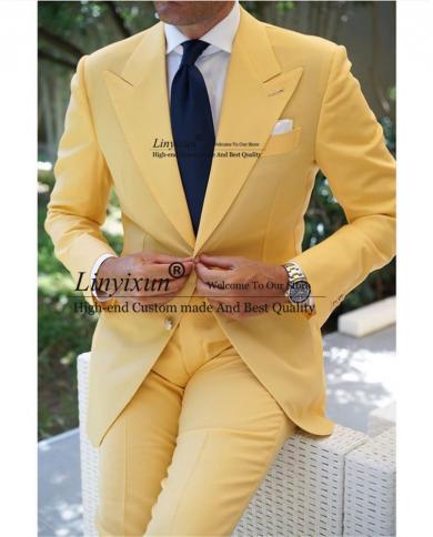 אופנה צהוב חליפות גברים מזדמנים עסקים בלייזר slim fit חתן חתונה טוקסידו משתה סט 2 חלקים תחפושת מכנסיים זקט