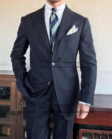 Handsome Navy Blue Stripe Mens Suit Casual Business Slim Fit Blazer Wedding Groom Tuxedo 2 Piece Set Costume Homme Jacke