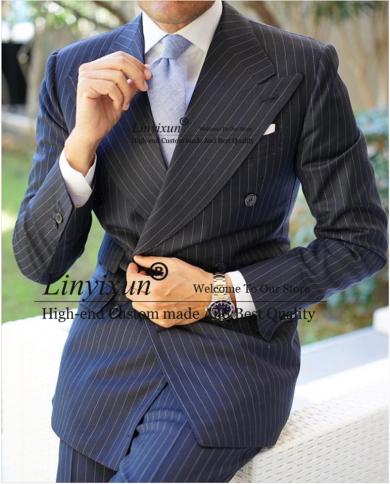 Fashion Black Stripe Mens Suits Double Breasted Business Blazer Slim Wedding Groom Tuxedo 2 Piece Set Jacket Pants Costu