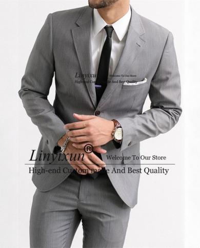 Grey Notched Lapel Suit For Mens Business Blazer Hombre Wedding Groom Tuxedo Slim Fit Daily 2 Piece Jacket Pants Terno M