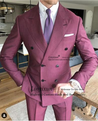 Fashion Red Mens Suits Double Breasted Business Blazer Slim Fit Wedding Groom Tuxedo 2 Piece Set Jacket Pants Costume Ho