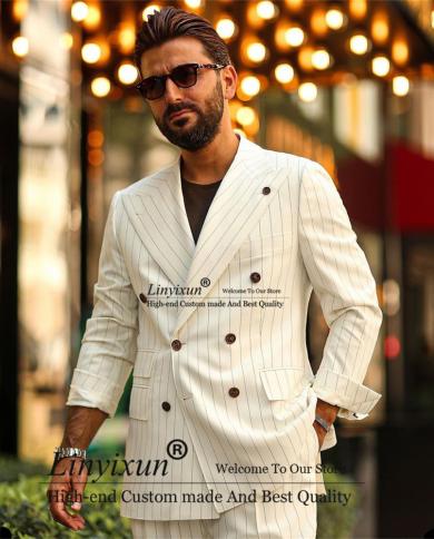 Fashion White Stripe Men Suits Double Breasted Business Blazer Wedding Groom Tuxedo Slim Fit 2 Pieces Jacket Pants Costu
