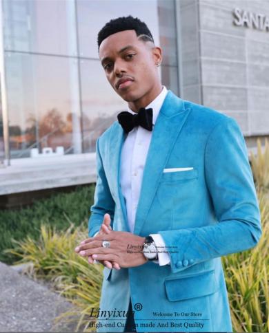 Fashion Blue Mens Suits Peak Lapel Formal Banquet Blazer Slim Fit Wedding Groom Tuxedo 2 Piece Set Jacket Pants Terno Ma
