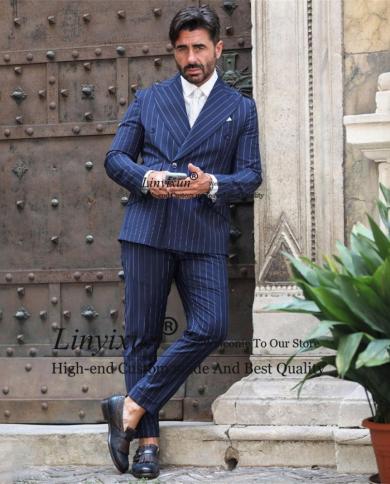 Navy Blue Stripe Mens Suits Peak Lapel Double Breasted Slim Fit Business Blazer Wedding Groom Tuxedo 2 Piece Set Terno M