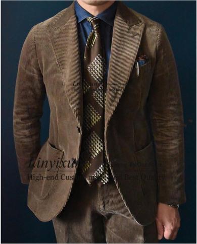 Classic Corduroy Brown Men ​suits Wedding Groom Tuxedo Slim Fit Formal Business Blazer 2 Piece Set Jacket Pants Terno 