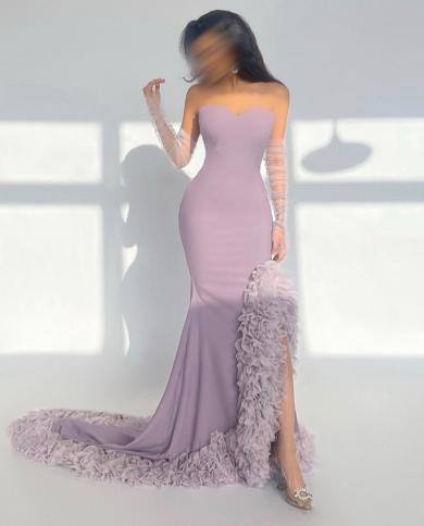 Sharon Said Lilac Ruffles Mermaid Arabic Dubai Evening Dresses For Woman Wedding Party 2023 Elegant Long Formal Gowns Sf
