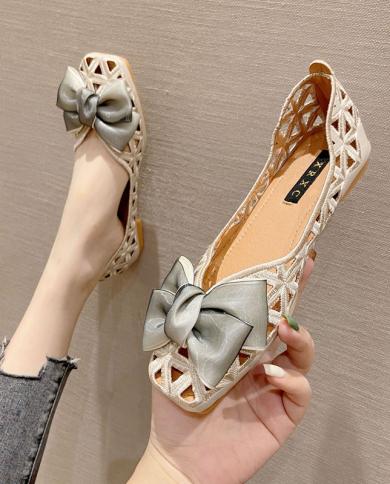 Shoes Woman 2022 New Arrival Women Hollow Out Shoes Bow Solid Color Casual Shoes Square Heel Women Fashion Sandals Peep 