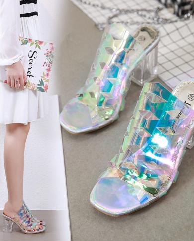 Women Party Slippers Glitter Shoes Women Slippers Square Heel Summer Shoes Fashion Thick Sole Slides Ladies Slippers  Wo