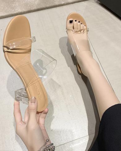 Clear High Heel Slippers Nude Heels Women Sandals Ladies Transparent Slippers Beach Shoes Wedding Sandals Plus Size 42 F