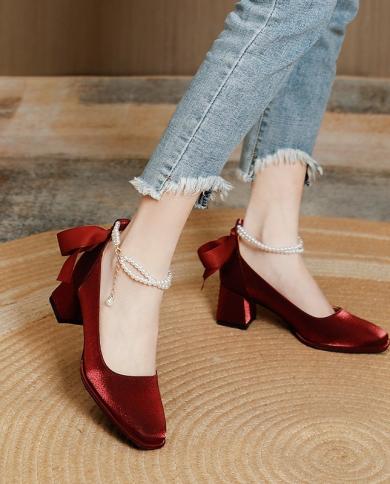 Square Toe High Heels Chunky Heel Mary Jane Womens Shoes 2022 Red New Style Wedding Shoes High Grade Pearl Mid Heel Sho