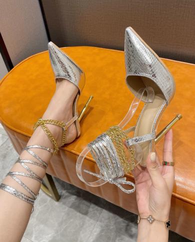 Woman Pumps Pointed Toe Sandals Fashion Cross Tied Thin High Heels 2022 New Silver Summer Shoes For Women Party Chain Fe