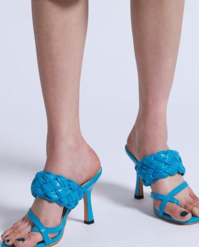 Luxury Slides Women High Heels Mules Fetish Pumps Individual Weave Leisure Blue Office Ladies Prom Slippers Womens Shoe