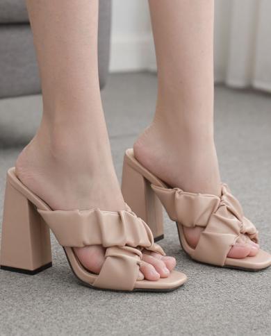 Female Shoes Low Crosstied Slippers Casual Square Heel Slides Women Heels Big Size  Luxury Block High Fashion Basic Rome