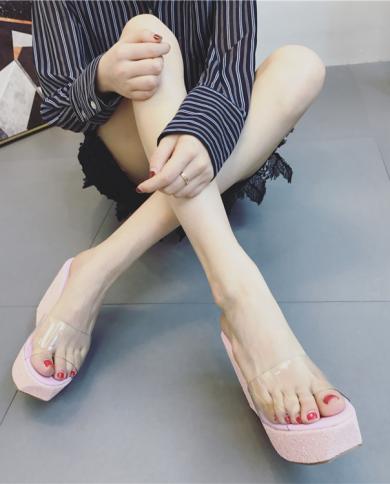 Summer Pvc Transparent Peep Toe Cane Straw Weave Platform Wedges Slippers Sandals Women Fashion High Heels Female Shoes 