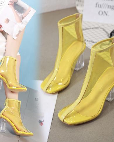 Fashion Pvc Transparent Round Toe Ankle Boots Clear Heel Women Boots Chelsea Boots For Girls Black Yellow Shoes For Summ