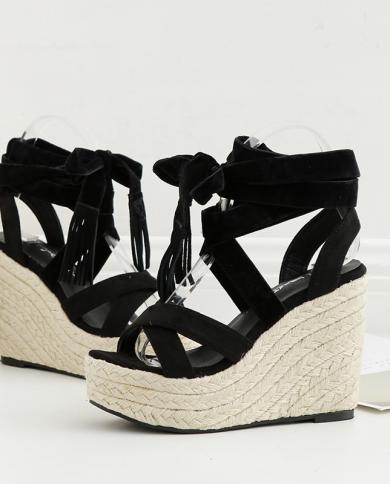 Weaving Cross Strap Platform Sandals Summer Wedges Heel Shoes For Women Flock Ankle Strap Ladies Gladiator Sandals Black
