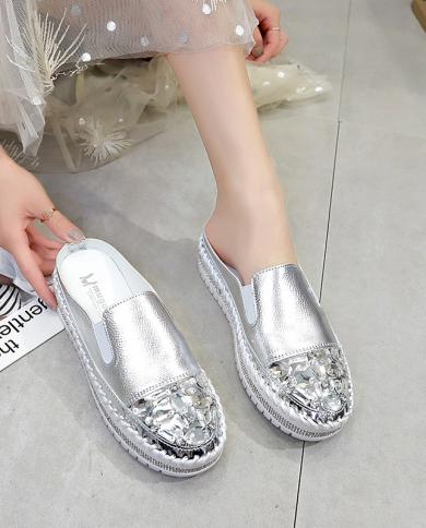 2022 Luxury Crystals Half Slides Women Bling Rubber Diamond Women Shoes Hand Stitching Platform Slippers For Women