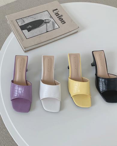 2022 Summer New Yellow Fashion Squaretoe Highheeled Shoes  Coat Stiletto Mule Sandals And Slippers Womens Luxury Brand 