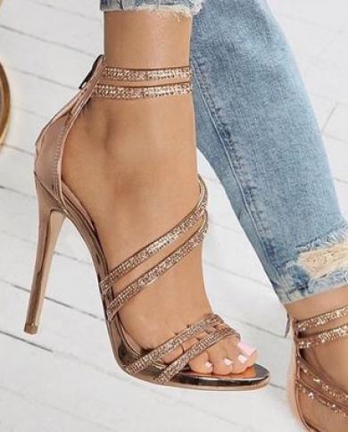 Gold Crystal Sandals Thin Strap Gladiator Sandals Stiletto Wedding Heels Rhinestone Cage Sandals