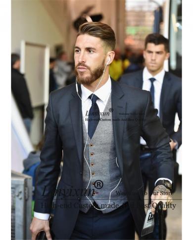 Handsome Black Mens Suits Casual Business Blazer Slim Fit Wedding Groom Tuxedo 3 Piece Set Jacket Grey Vest Pants Costum