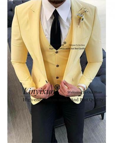 Yellow Casual Prom Mens Suits Slim Fit With Black Pants Wedding Groom Tuxedo 3 Piece Male Fashion Banquet Blazer Costume