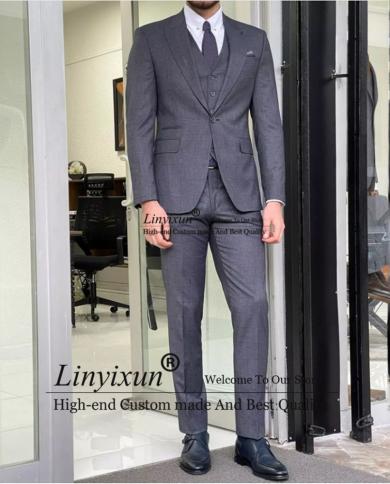 Classic Grey Mens Suits Formal Business Blazer Wedding Groom Tuxedo Slim Fit Banquet 3 Piece Set Jacket Vest Pants Costu