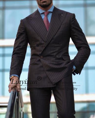 Fashion Stripe Brown Mens Suit Peak Lapel 2 Piece Formal Business Blazer Slim Fit Wedding Groom Tuxedo Costume Homme Jac