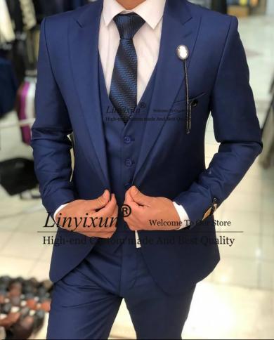 Fashion Navy Blue Daily Suits For Men 3 Piece Set Business Blazer Slim Fit Wedding Groom Tuxedo Costume Homme Jacket Ves
