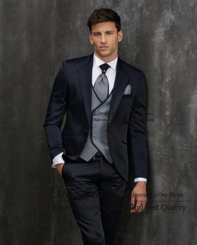 Fashion Black Mens Suits Slim Fit Wedding Groom Tuxedos Banquet Blazer 3 Piece Business Jacket Vest Pants Set Costume Ho