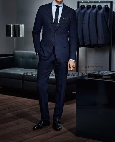 Fashion Navy Blue Striped Mens Suit Formal Business Blazer Slim Fit Wedding Groom Tuxedo Terno Masculino 2 Piece Set Jac