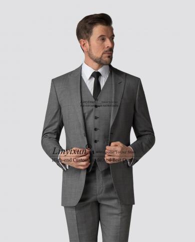 Classic Grey Mens Suits Formal Business Blazer Slim Fit Wedding Groom Tuxedo Banquet 3 Piece Set Jacket Vest Pants Costu