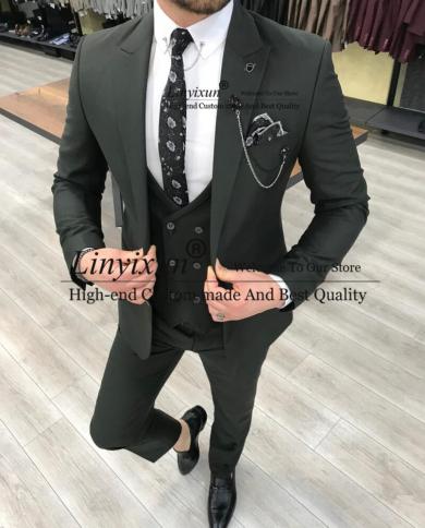 Fashion Dark Grey Daily Men Suits 3 Piece Set Formal Business Office Blazer Wedding Groom Tuxedo Costume Homme Jacket Ve