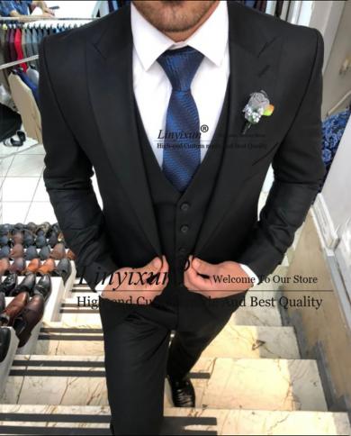 Classic Black Daily Men Suits Formal Business Blazer Slim Fit 3 Piece Set Wedding Groom Tuxedo Terno Masculino Jacket Ve