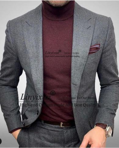 Classic Winter Grey Herringbone Tweed Men Suits Slim Fit Business Blazer 2 Piece Set Wedding Tuxedo Terno Masculino Jack