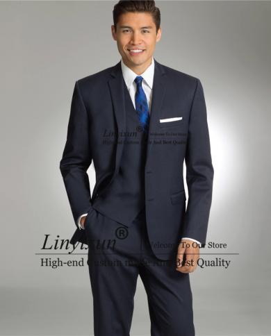 Fashion Navy Blue Mens Suit Formal Business Blazer Slim Fit 3 Piece Set Wedding Groom Tuxedo Terno Masculino Jacket Vest