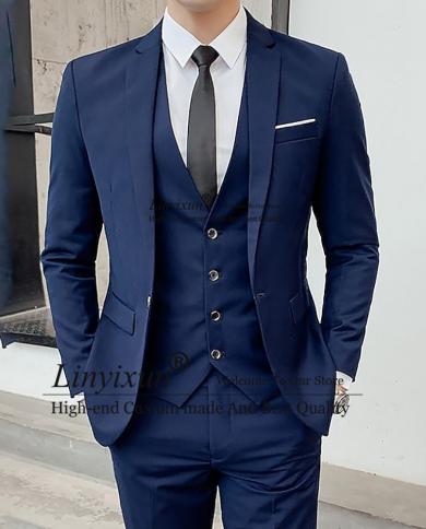Navy Blue Suit For Mens Business Blazer Hombre Wedding Groom Tuxedo Slim Fit Daily 3 Piece Set Jacket Vest Pants Terno M