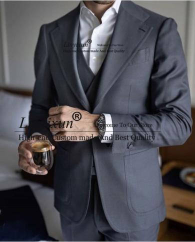 Fashion Gray Men Suits Slim Fit Formal Business Blazer Wedding Groom Tuxedo Banquet 3 Piece Set Jacket Vest Pant Terno M