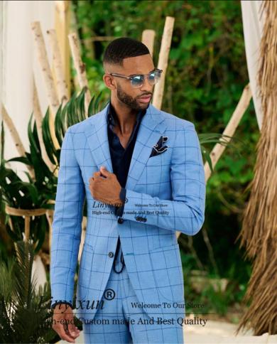 Fashion Blue Plaid Mens Suits 2 Piece Notched Lapel Business Blazer Slim Fit Wedding Groom Tuxedo Terno Masculino Jacket