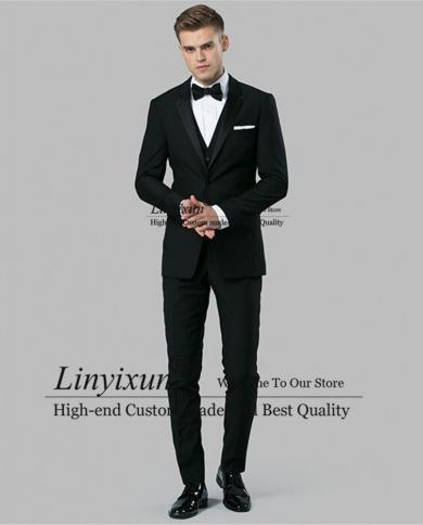 Classic Black Wedding Mens Suits Slim Fit Groom Tuxedo Banquet Prom Blazer 3 Piece Set Groomsmen Jacket Vest Pants Costu