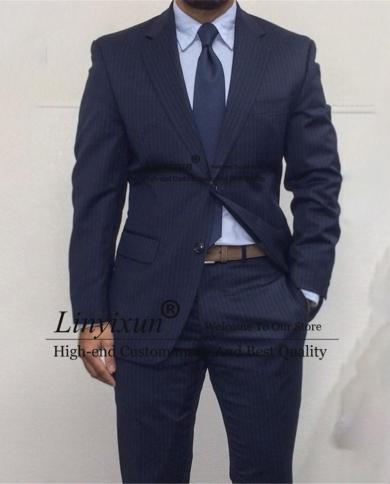 Fashion Navy Blue Stripe Mens Suit Formal Business Blazer Slim Fit Wedding Groom Tuxedo 2 Piece Set Terno Masculino Jack